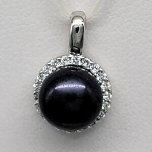 Stauer Black Pearl 8mm Pendant 925 Sterling Simulated Diamonds Halo Vintage